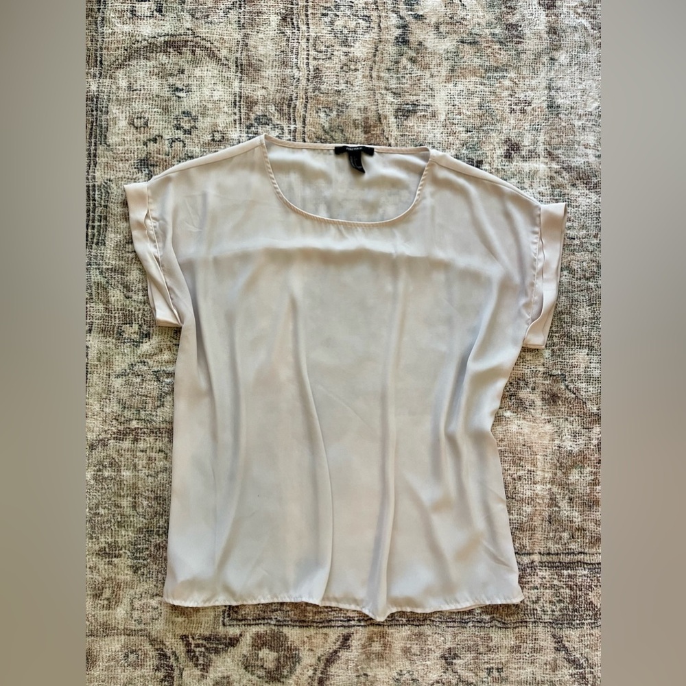 Forever 21 Semi-Sheer Ivory/Light Pink Cap Sleeve Blouse